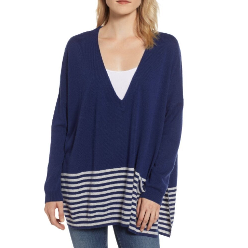 Vineyard Vines Oversized Striped V-Neck Poncho Sweater in Navy & Gray Size XS - Picture 2 of 12